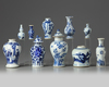 A group of ten small Chinese blue and white vases