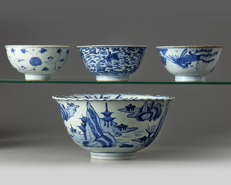 Four Chinese blue and white bowls