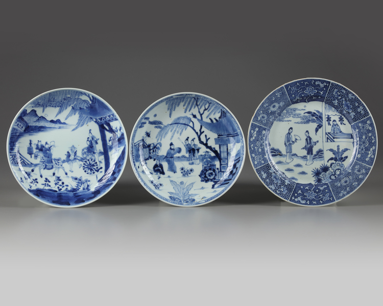 Three Chinese blue and white 'Romance of the Western Chamber' dishes