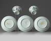 Two pairs of Chinese famille rose bowl 'ladies' cups and a 'cats' saucer
