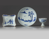 TWO CHINESE BLUE AND WHITE KOSOMETSUKE DISHES AND SMALL STEM CUP, TIANQI PERIOD (1621-1627 AD)