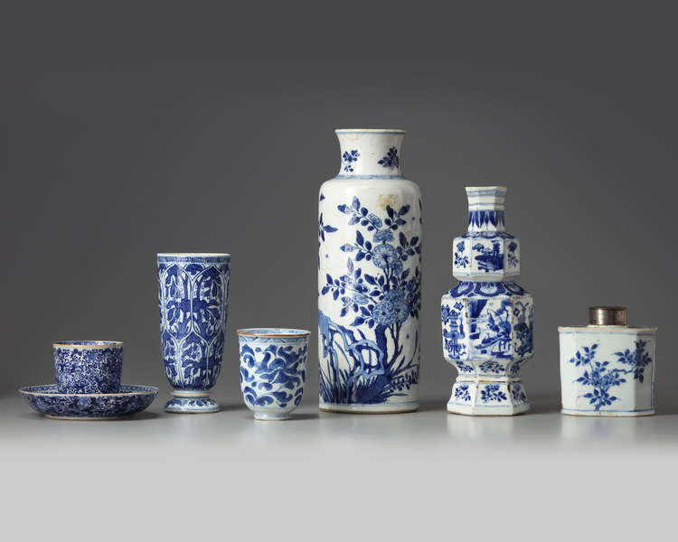 A group of seven Chinese blue and white vessels