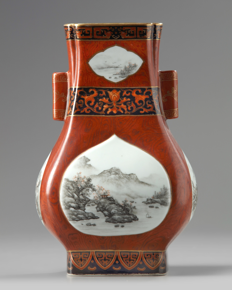A Chinese faux bois en grisaille-decorated vase, hu