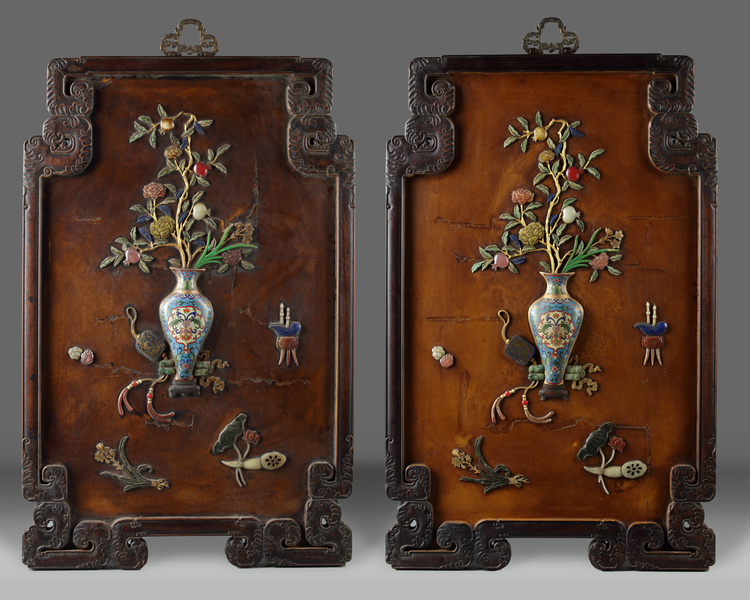 A pair of large Chinese precious-object-inlaid lacquer panels