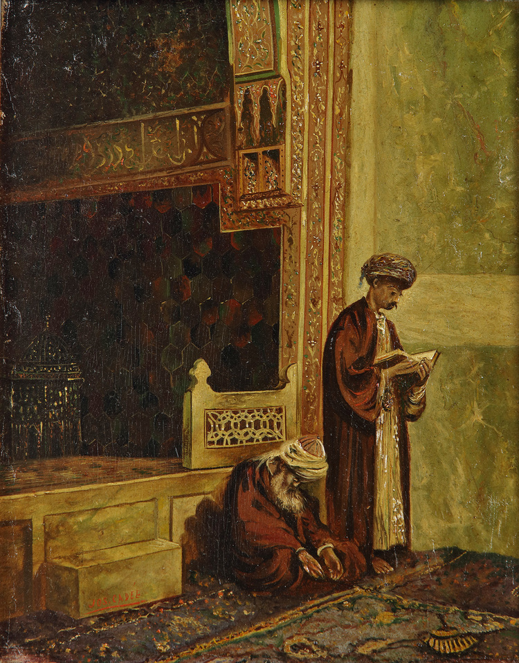 A painting depicting two man praying in a mosque