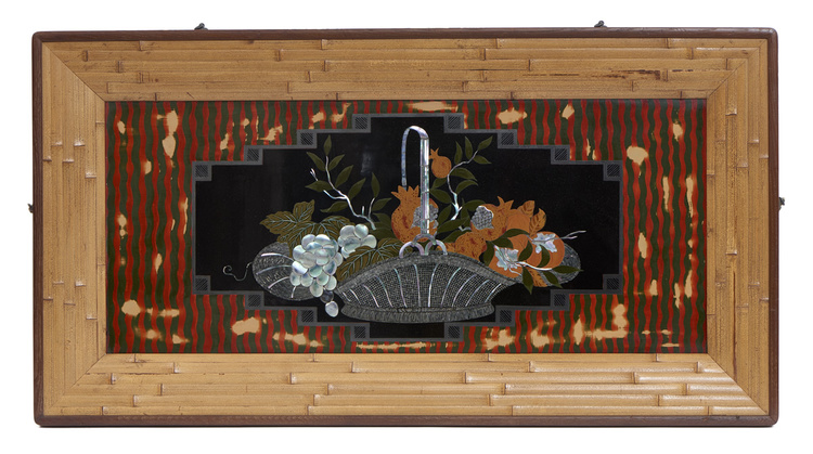 A Japanese Lacquer-work panel in a frame made from strips of bamboo