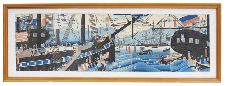 A Japanese horizontal print in five oban-size parts
