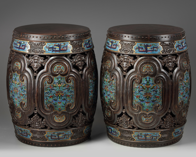 A pair of Chinese cloisonné enamel-inset zitan garden seats