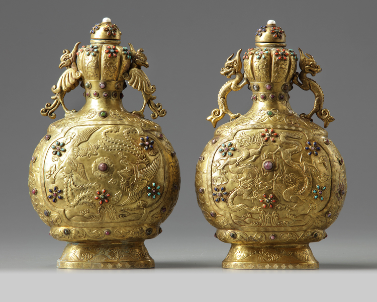 A pair of Chinese hardstone-inlaid gilt bronze 'dragon and phoenix' moonflasks