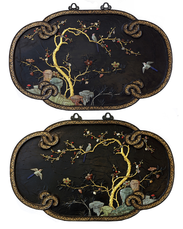 A pair of large Chinese precious objects-inlaid ruyi-shaped panels