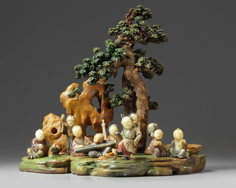 A Chinese painted soapstone ‘boys’ group