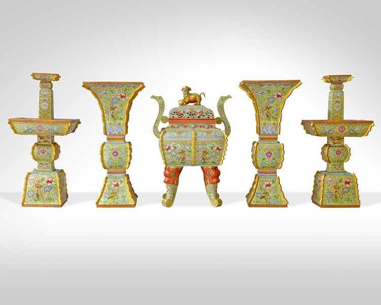A MASSIVE CHINESE YELLOW-GROUND FAMILLE ROSE FIVE-PIECE ALTAR SET