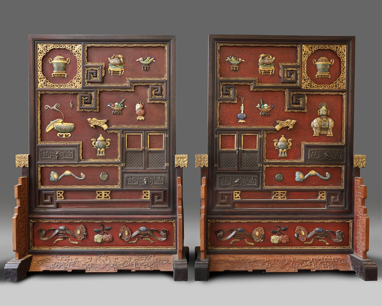 A PAIR OF EXCEPTIONAL LARGE CHINESE PRECIOUS OBJECT-INLAID SCREENS, 19TH-20TH CENTURY