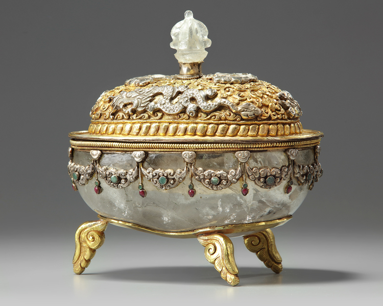 A Tibetan rock crystal silver and gilt copper altar vessel and cover
