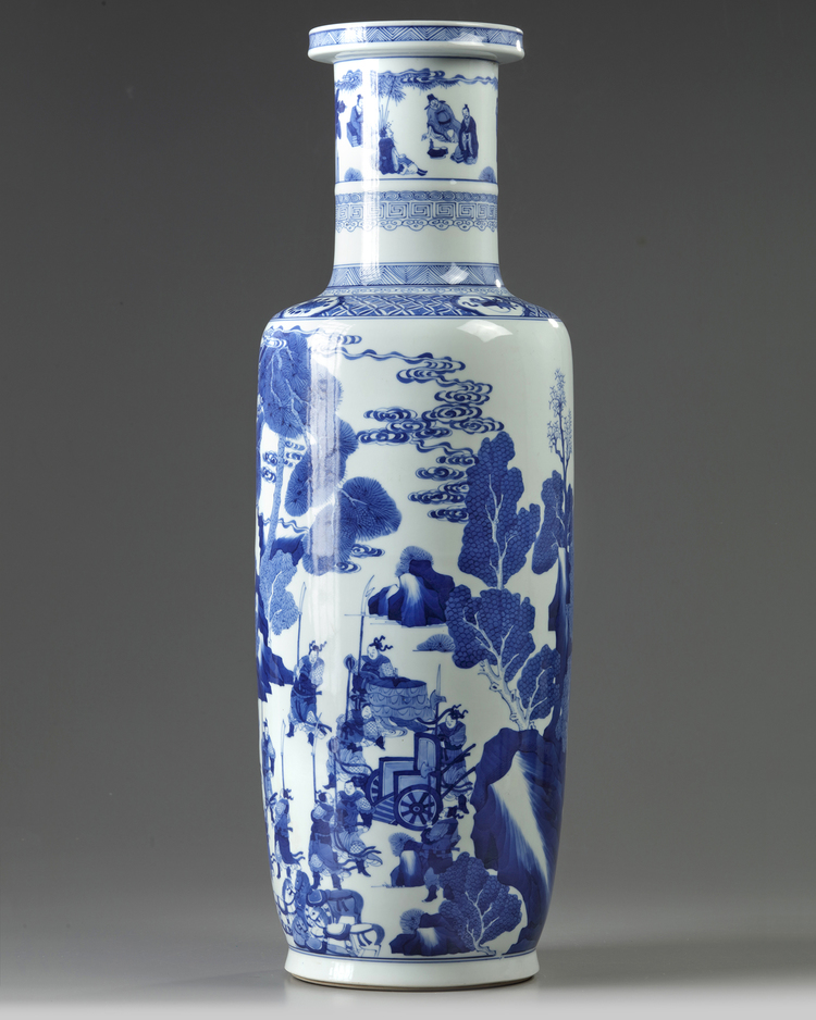 A large Chinese blue and white rouleau vase