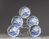 Five Japanese blue and white saucers