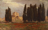 A painting depicting a landscape with cypresses, in the background a castle