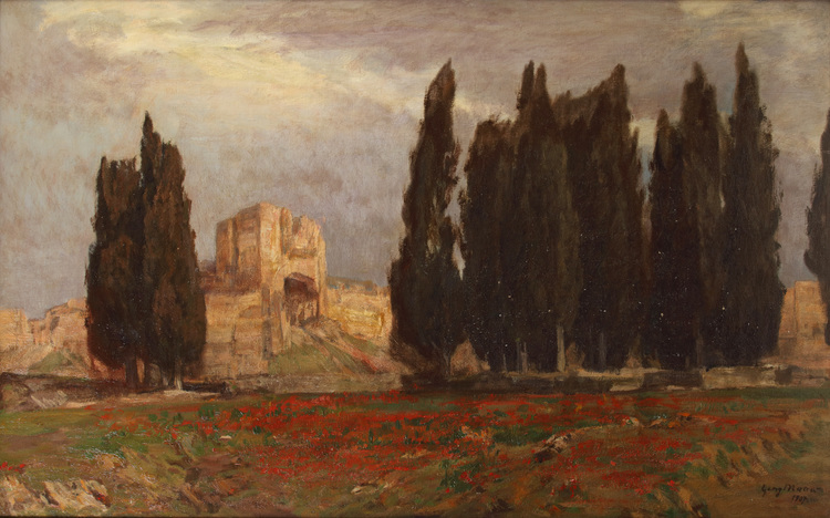 A painting depicting a landscape with cypresses, in the background a castle