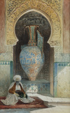A PAINTING OF A SEATED HOLY MAN BEFORE A GIANT MOORISH STYLE VASE IN A NICHE, 1880