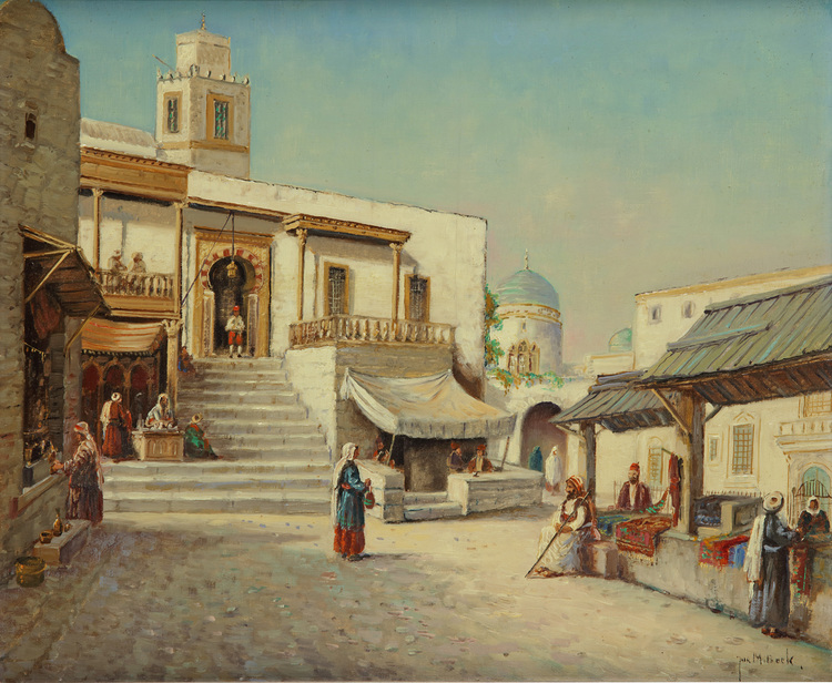 A painting depicting a place with carpet-sellers before a staircase leading to a mosque