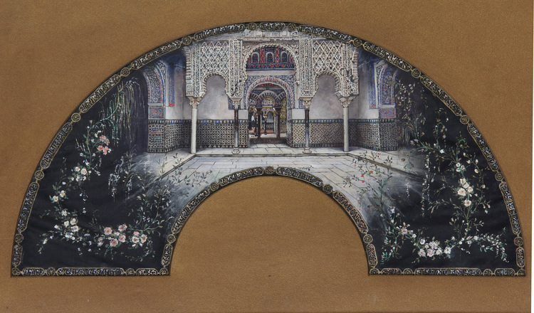 A fan design depicting a Moorish patio surrounded by flowers