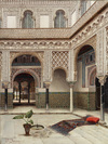A painting depicting a patio in the Alcazar, Sevilla