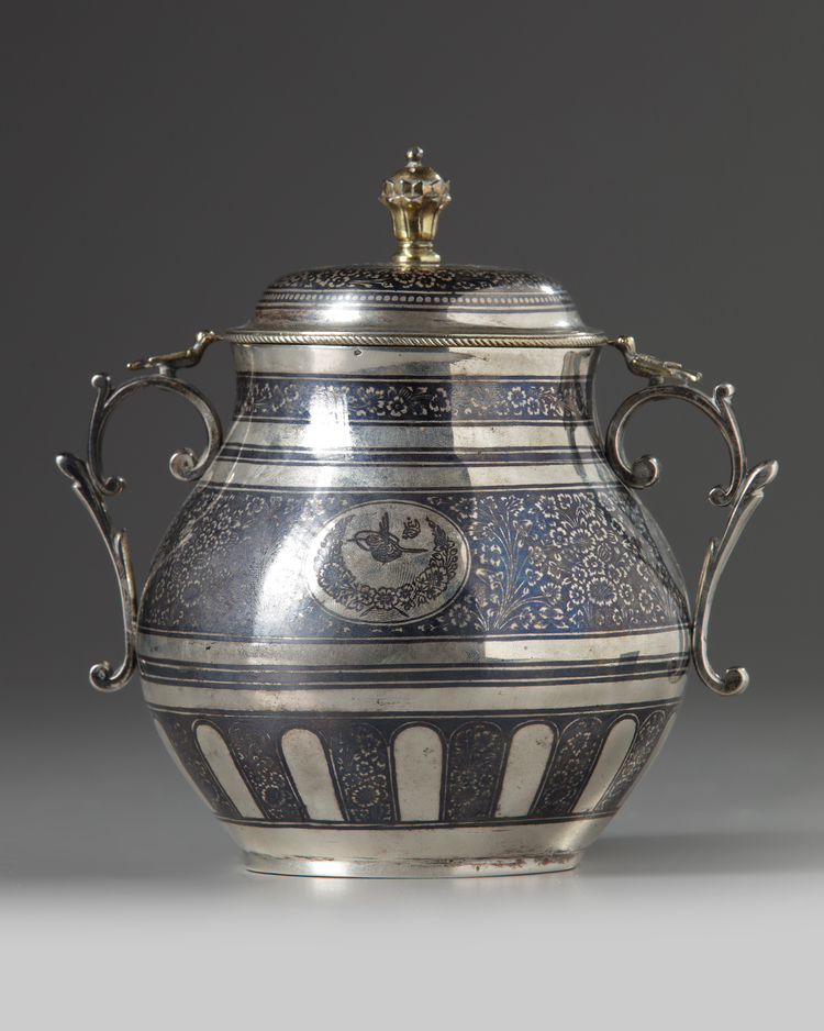 An Ottoman niello silver-gilt vessel and cover, sugar pot.