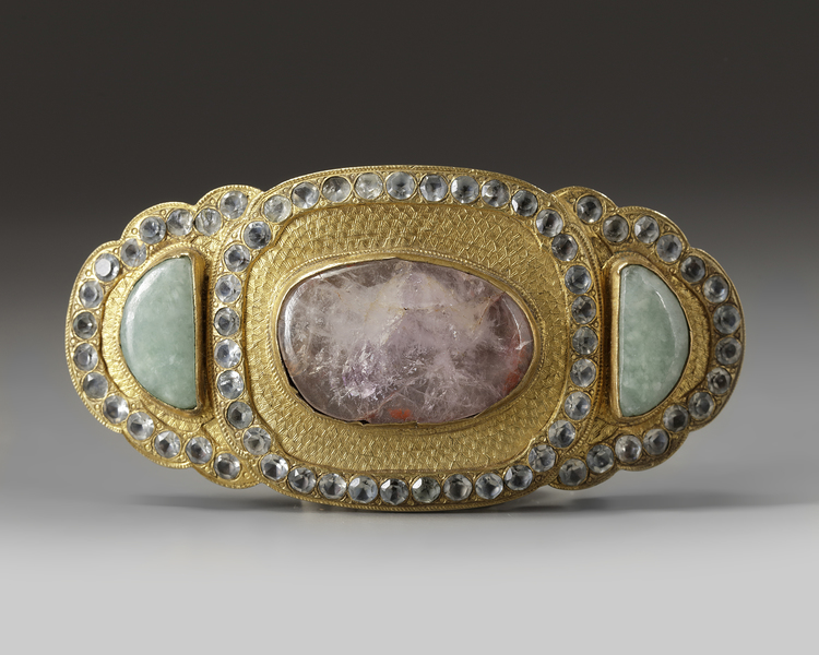 An Ottoman silver-gilt and gemset jade belt buckle
