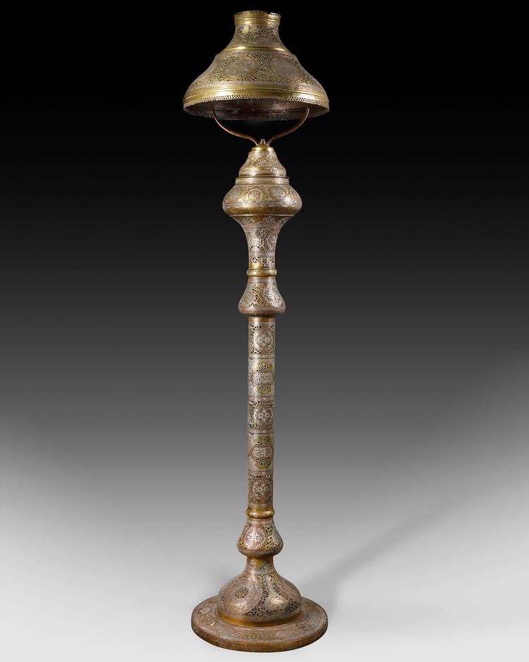 A LARGE ISLAMIC SILVER AND COPPER INLAID LAMP, 19TH CENTURY