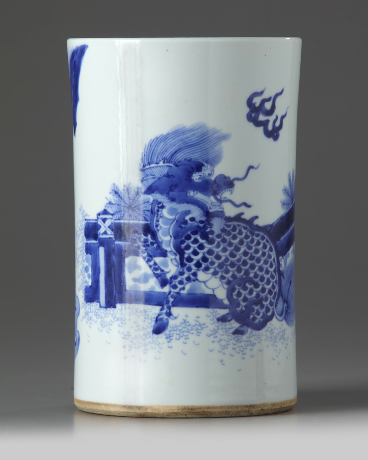 A Chinese blue and white 'qilin' brush pot