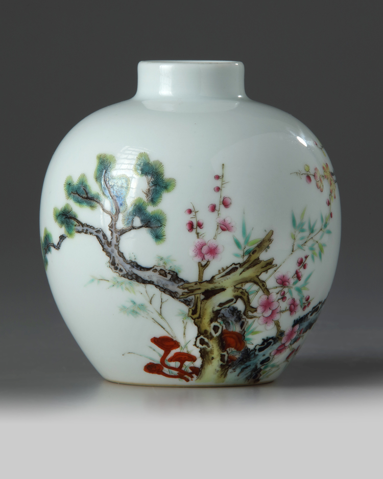 A small Chinese famille rose 'Three Friends of Winter' jar