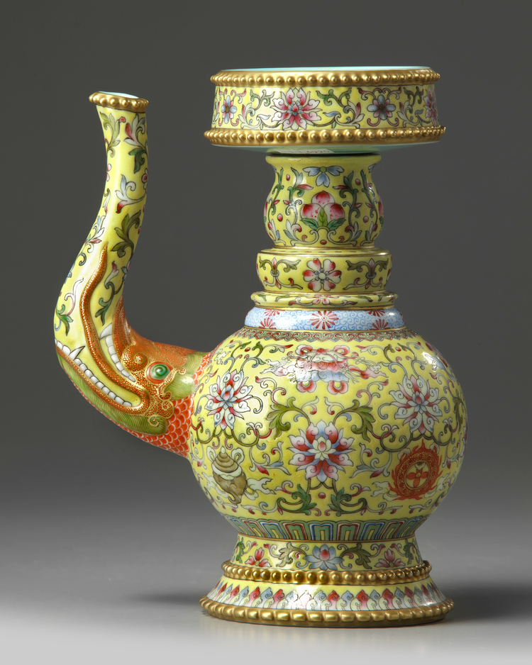 A CHINESE YELLOW-GROUND FAMILLE ROSE TIBETAN STYLE EWER, PENBA HU, QING DYNASTY (1644-1911)