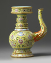 A CHINESE YELLOW-GROUND FAMILLE ROSE TIBETAN STYLE EWER, PENBA HU, QING DYNASTY (1644-1911)