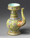 A CHINESE YELLOW-GROUND FAMILLE ROSE TIBETAN STYLE EWER, PENBA HU, QING DYNASTY (1644-1911)