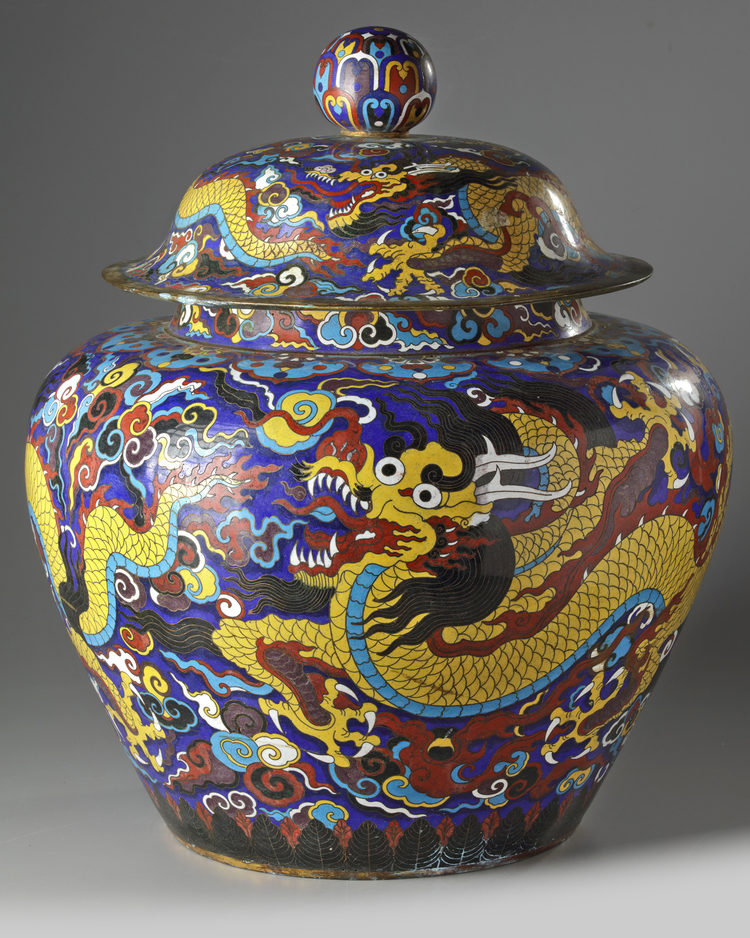 A large Chinese cloisonné enamel 'dragon' jar and cover