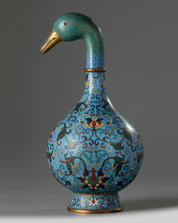 A Chinese cloisonné enamel duck-head bottle vase