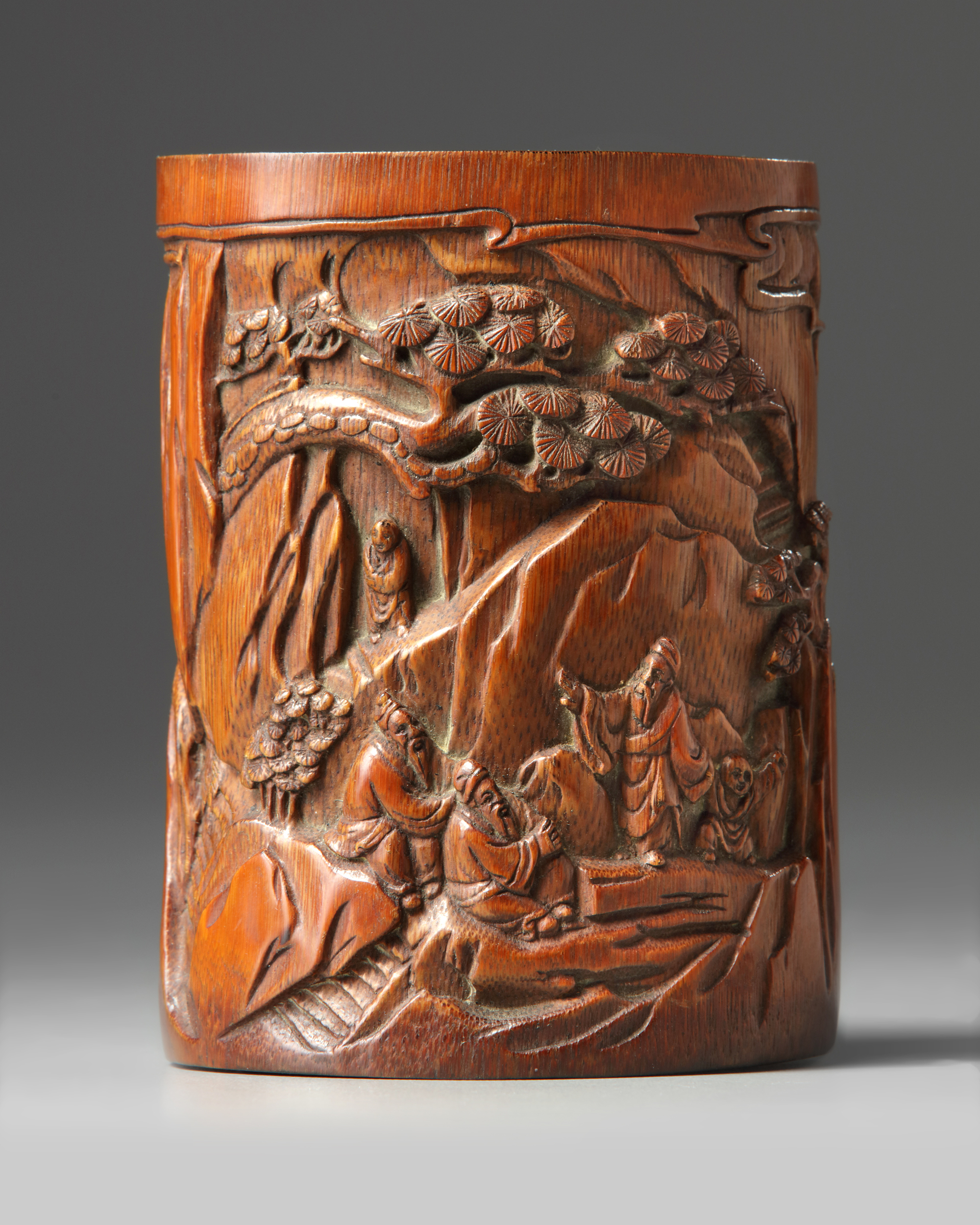 Bamboo brush pot decorated with carved plants and a poem in low relief,  19th century-20th century 