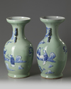 A pair of Chinese celadon-ground blue and white vases
