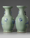 A pair of Chinese celadon-ground blue and white vases
