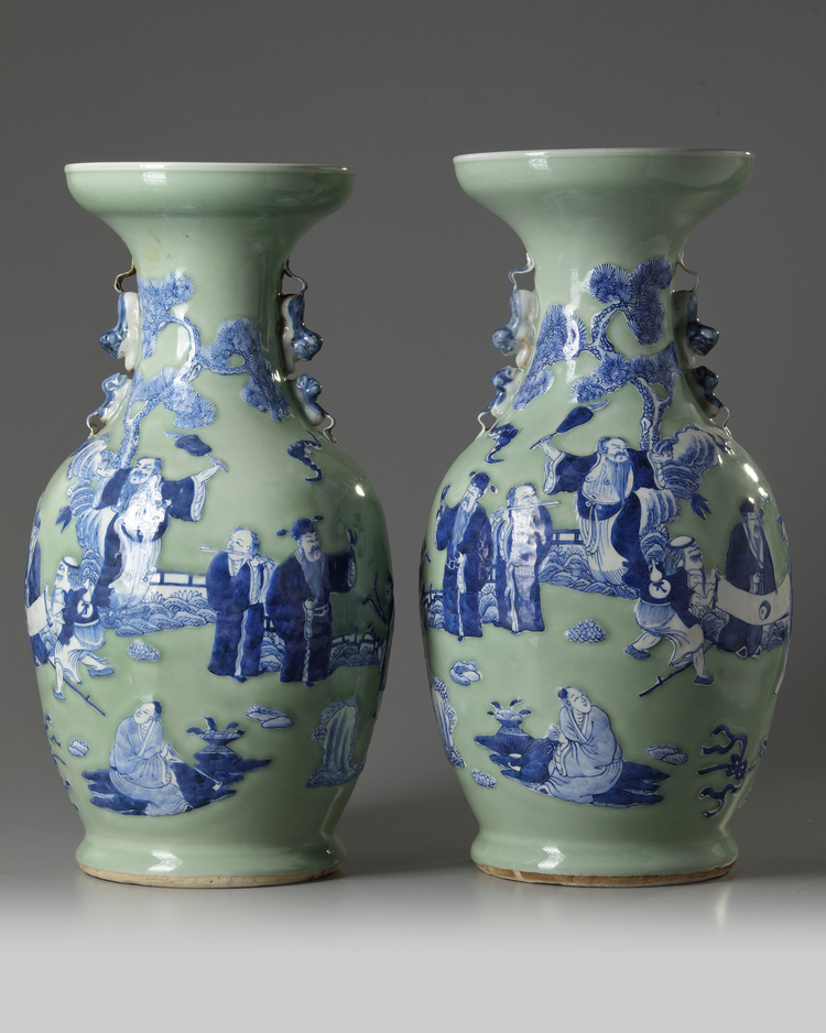 A pair of Chinese celadon-ground blue and white vases