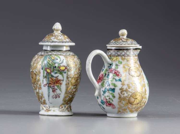 A famille rose tea caddy and milk jug