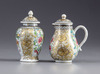 A famille rose tea caddy and milk jug