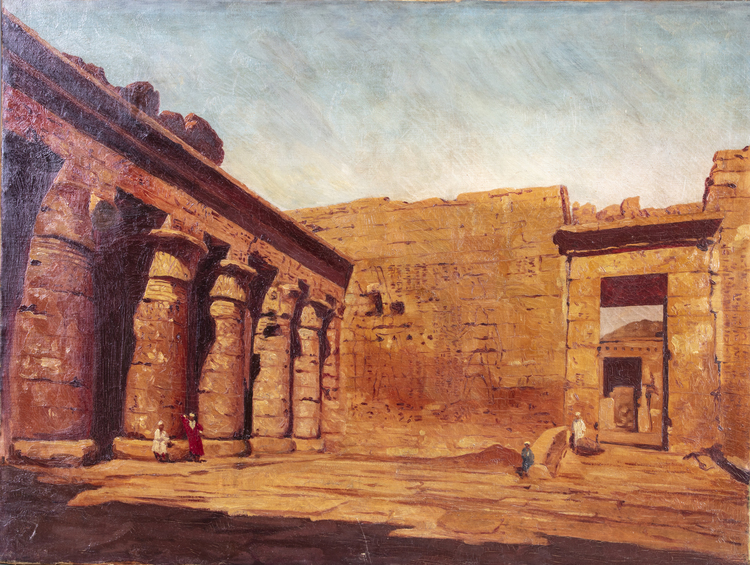 A painting depicting an Egyptian temple