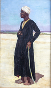 A painting depicting a standing Egyptian