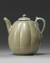 A KOREAN CELADON GLAZED LOBED TEAPOT AND COVER, GORYEO DYNASTY (918-1392)
