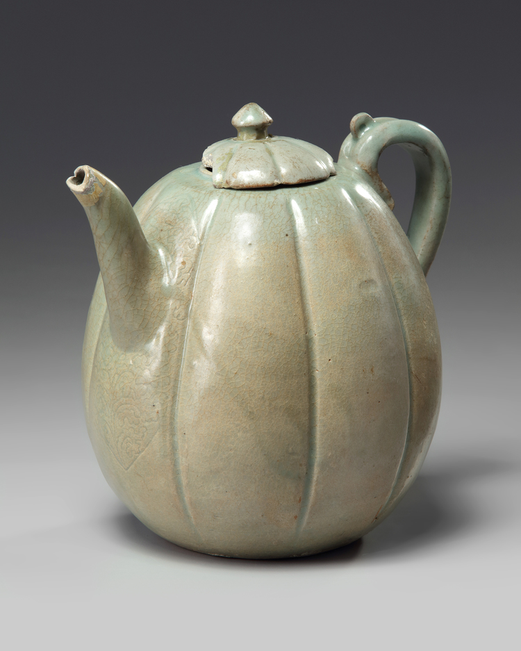 A KOREAN CELADON GLAZED LOBED TEAPOT AND COVER, GORYEO DYNASTY (918-1392)