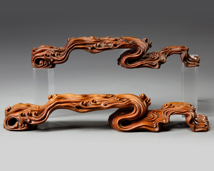 TWO CHINESE CARVED BOXWOOD BRUSH RESTS