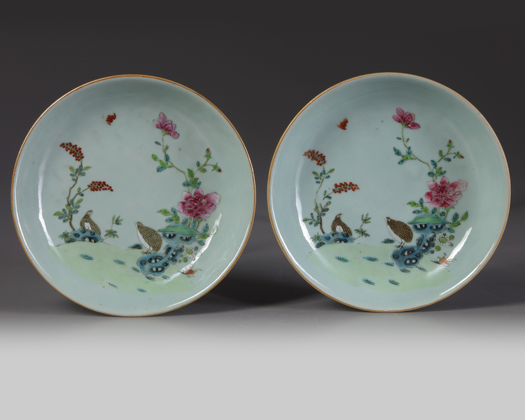 A PAIR OF CHINESE CELADON-GROUND FAMILLE ROSE 'QUAIL' DISHES, QIANLONG SIX-CHARACTER SEAL MARKS IN UNDERGLAZE BLUE AND OF THE PERIOD (1736-1795)