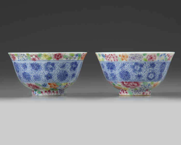 A pair of Chinese famille rose bowls