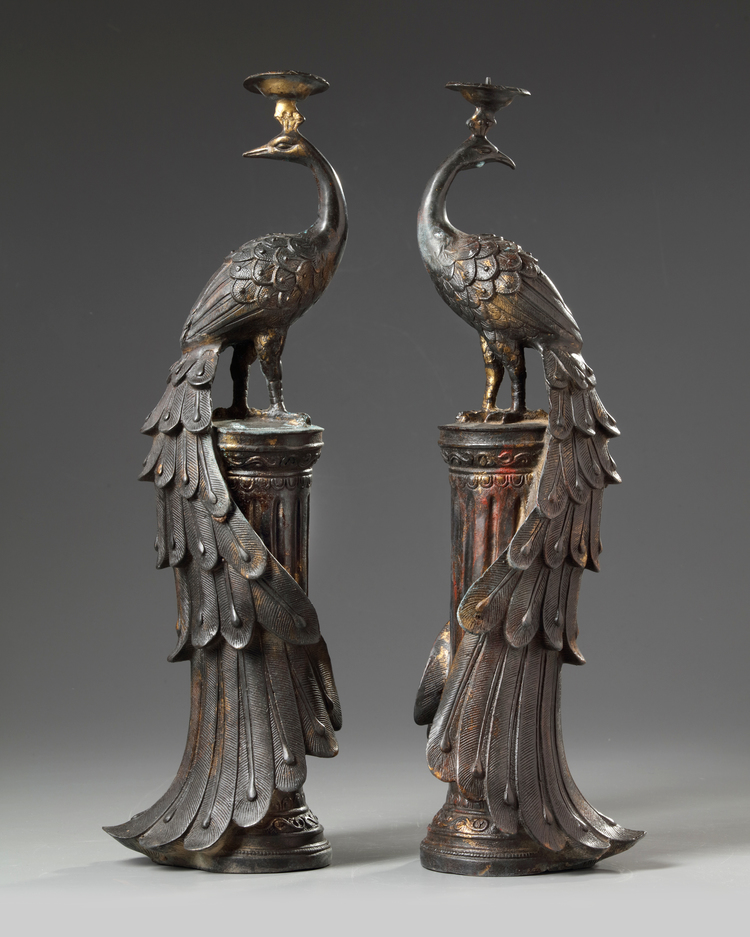 A PAIR OF CHINESE BRONZE PEACOCK CANDLE STICKS, 19TH CENTURY